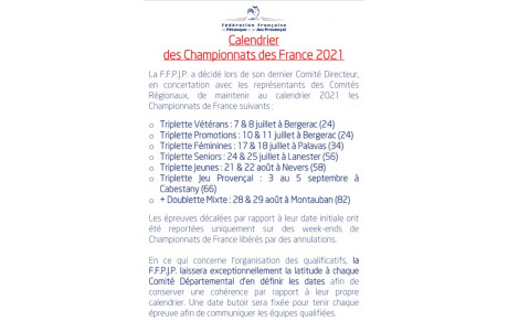 Calendrier championnats de France 2021